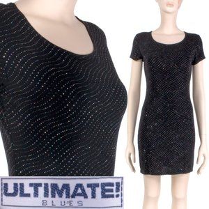 S Vintage 1990s ULTIMATE Blues Black Rainbow Glitter Mini Party Dress 80s 90s